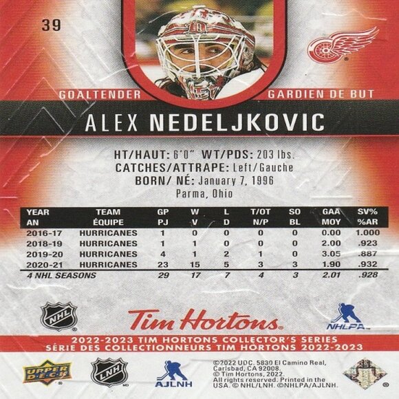 Alex Nedeljkovic - 2022/2023 Tim Hortons Collector's Series Card - Picture 2 of 2